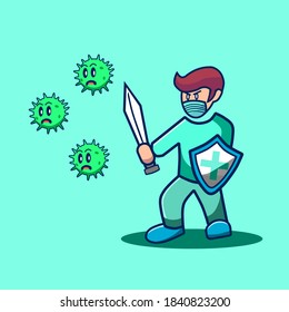 Man with sword and shield fighting against corona virus vector icon illustration. Corona virus Icon concept. flat cartoon style suitable for web landing page, banner, sticker, background