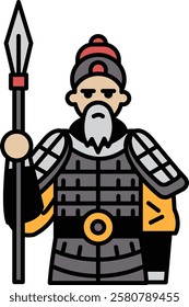A man with a sword is standing in front of a white background. He looks angry and is holding the sword in a menacing manner