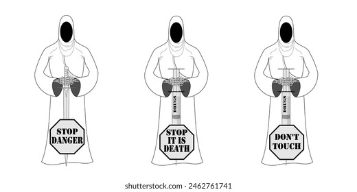 Man with a sword, stop drug, dangerous, illustration.