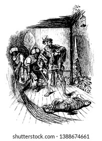 A man with sword and two another men with net standing near him, tiger fell on stage in front of him, people looking at them, vintage line drawing or engraving illustration