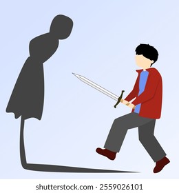 man with swords fight shadows that represent fear and anxiety. fight worry, problem, anxiety. be brave illustration.  
