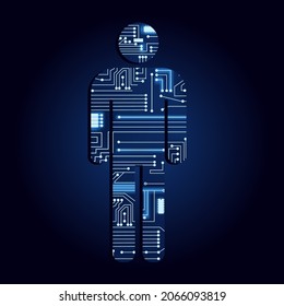 Man symbol with a technological electronics circuit. Blue background.