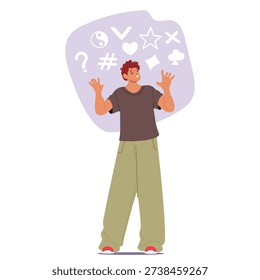 Man with symbolic mindset type interpreting world through signs, metaphors and figurative meanings vector illustration. Male cartoon character thinking in metaphorical interpretations and symbols