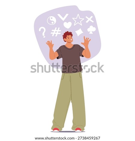 Man with symbolic mindset type interpreting world through signs, metaphors and figurative meanings vector illustration. Male cartoon character thinking in metaphorical interpretations and symbols