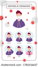 Man with symptoms of the disease and viruses. Coronavirus, Prevention, Epidemic, Medicine, Health care, Quarantine concept. Vector illustration for poster, banner, flyer, infografic.