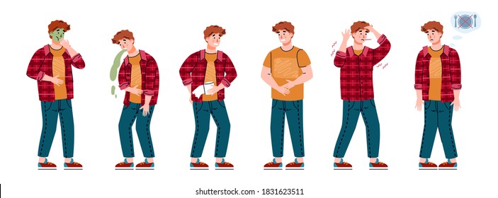 Man with symptoms of food poisoning. Set of male characters with stomach diseases - diarrhea and nausea, abdominal pain and fever, malaise and vomiting. Vector isolated illustration