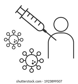 Man and syringe icon. Vaccination linear icon. Medical injection. Vector illustration isolated on white.