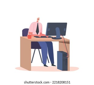 Man Sysadmin or Coder at Work on Computer in Office. Male Character Working With Big Data and Technical Information on Pc. System Administrator Setting Software. Cartoon People Vector Illustration
