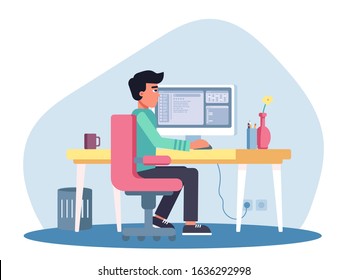 Man sysadmine or computer programmer working at computer. Businessman sitting on chair at table at workplace. Business analytic in office. Creative specialist technician at work. Vector illustration