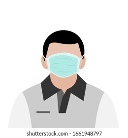 A man in T shirt wear hygienic green mask to protect virus infection and dust pollution vectors isolate on white background