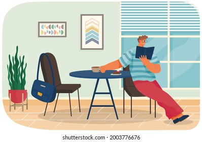 Man At Table In Cafe Is Reading Book And Drinking. Male Character In Cafeteria Or Office Canteen Has Coffee Break. Worker Or Student Lunch Time With Hot Beverage And Textbook In Coffee Shop