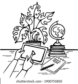The man at the table is engaged in self-education online. E-learning, listening to the lesson, watch the video and communicating. Hands holding tablet computer. Vector doodle, thin line sketch style