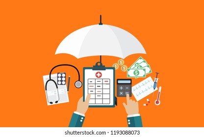 Man at the table fills in the form of health insurance. Healthcare concept. Vector illustration flat design style. Life planning. Claim form. Medical equipment, money, prescription medications.