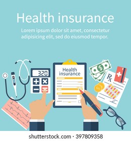 Man At The Table Fills In The Form Of Health Insurance. Healthcare Concept. Vector Illustration Flat Design Style. Life Planning. Claim Form. Medical Equipment, Money, Prescription Medications.