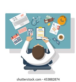 Man at table fills in the form of health insurance. Healthcare concept. Vector illustration flat design style. Life planning. Claim form. Medical equipment, money, prescription medications.