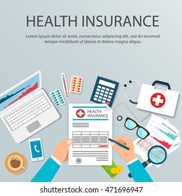 Man at the table fills in the form of health insurance. Healthcare concept. Vector illustration flat design style. Life planning. Claim form. Medical equipment, money, prescription medications