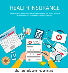 Man at the table fills in the form of health insurance. Healthcare concept. Vector illustration flat design style. Life planning. Claim form. Medical equipment, money, prescription medications