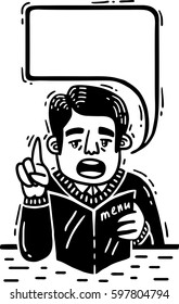 man at the table making the order from the menu comics for text