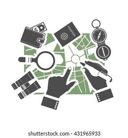 Man at table with map and tourist equipment plan to travel. Trip plan vector, travel guide. Hiking map, trail. Time for travel and adventure. Map, compass. Banner template. Flat design