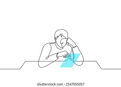 man at a table pokes a finger at a blue screen hologram - one line drawing vector. future technology concept, touch hologram