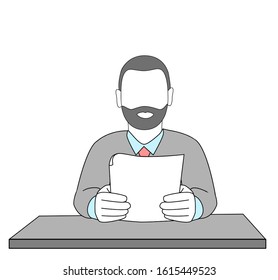 the man at the table is reading paper. filling out the questionnaire. recruitment. vector illustration.