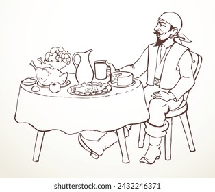 The man at the table. Vector drawing