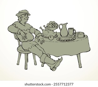 The man at the table. Vector drawing