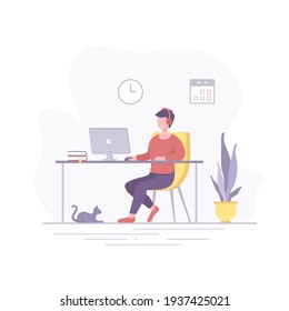Man at the table works on the computer, flat design vector illustration.