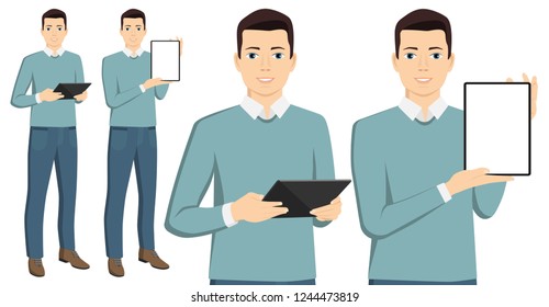 Man with a tablet computer isolated on white. Vector illustration
