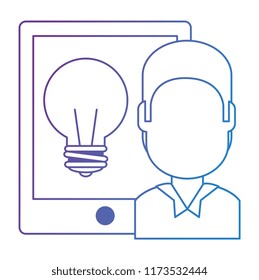man with tablet electronic and bulb