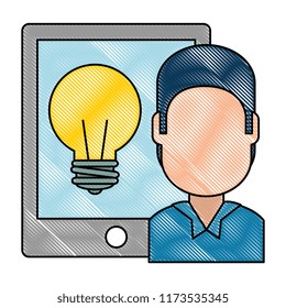 man with tablet electronic and bulb