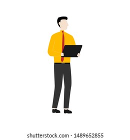 Man with tablet. Flat cartoon character isolated on white background