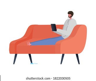 Man with tablet and headphone on couch working design of Work from home theme Vector illustration
