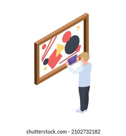 Man with tablet at interactive art exhibition in modern museum 3d isometric icon vector illustration