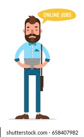 Man with tablet looking for job through online service. Man searching job. Online recruitment service. Vector illustration