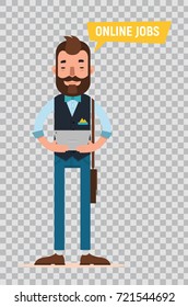 Man with tablet looking for job through online service. Man searching job. Online recruitment service. Vector illustration on transparent background.