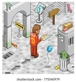 Man with tablet navigation tries to find his way through a street scene full of arrows and signs (isometric view)