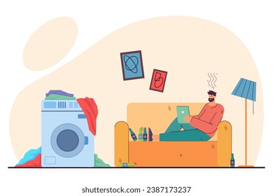 Man with tablet on sofa refusing to clean house and wash clothes. Flat vector illustration. Refusal to use washing machine and do housework