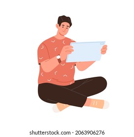 Man with tablet PC in hands, use internet and surf online. Happy person playing game with device. Student using social networks with gadget. Flat vector illustration isolated on white background