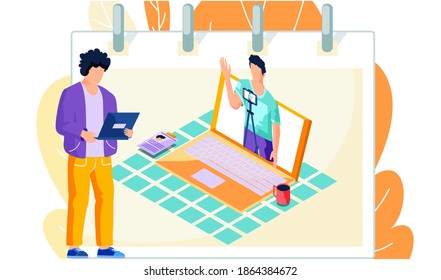 A man with tablet pc is standing near laptop with video player and working in social networks. Male character typing on the keyboard, watching movie online with a friend waving to him from screen