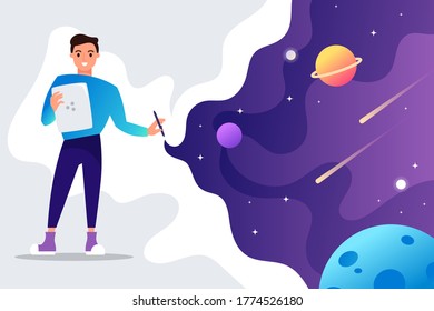 Man with a tablet and pen makes creativity. Designer and art. Creative process. Space design, universe, planets. Cartoon style. Vector illustration.