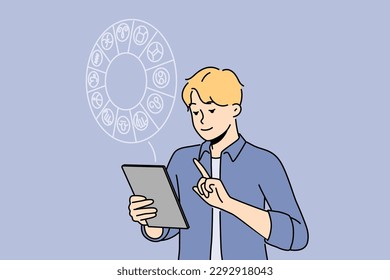 Man with tablet reading horoscope. Guy look at pad screen engaged in astrology reading. Zodiac sign. Vector illustration. 