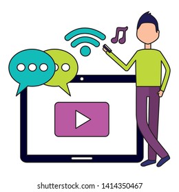 man tablet social media chat music mobile video vector illustration