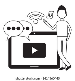 man tablet social media chat music mobile video vector illustration