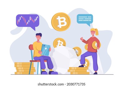 A man with a tablet is tracking a graph of cryptocurrency growth on a cryptocurrency exchange. Nearby, a woman is mining bitcoin. In the background are gold coins, rock and bitcoins. 