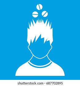 Man with tablets over head icon white isolated on blue background vector illustration