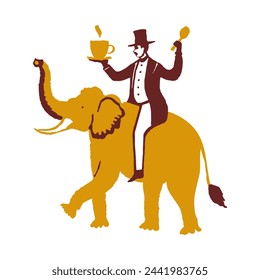 Un hombre en un frac con una taza de té y una cuchara se sienta en un elefante, garabato ilustración vectorial para el embalaje, logotipo del té.