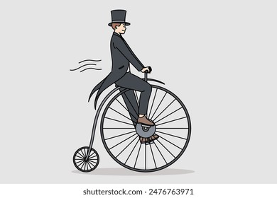 Man in tailcoat rides vintage penny farthing bicycle, imagining time travel to last century. Guy uses fancy bicycle while performing on circus stage to surprise audience who came to show.