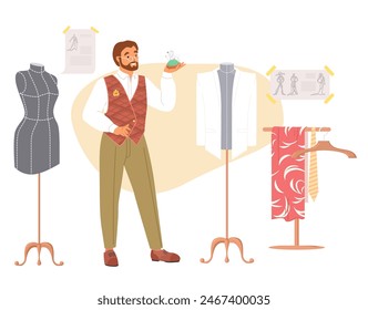 Man tailor character at work vector illustration