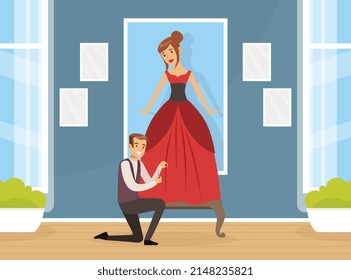 Man Tailor or Fashion Designer Working in Atelier Studio Fitting Dress with Woman Client Vector Illustration